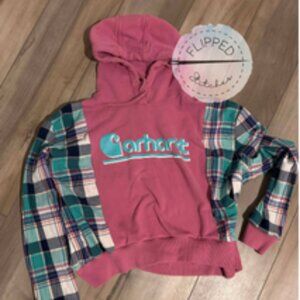 Upcycled Carhartt Hoodie - Flipped Stitches - Pink and Teal